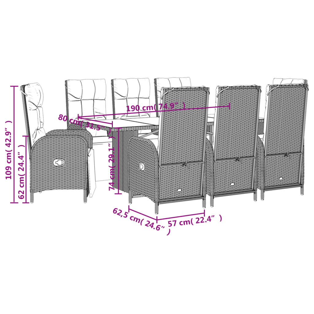 Set da Pranzo da Giardino 9 pz con Cuscini in Polyrattan Grigio | homemem39