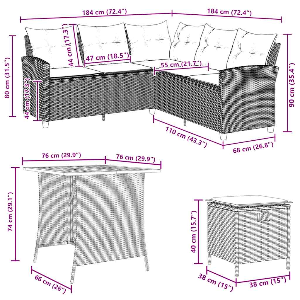 Set Divano da Giardino 6 pz con Cuscini a L Beige in Polyrattan