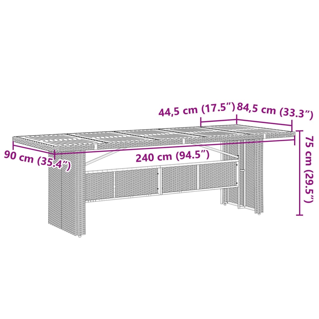 Tavolo Giardino Piano Legno Acacia Grigio 240x90x75 Polyrattan