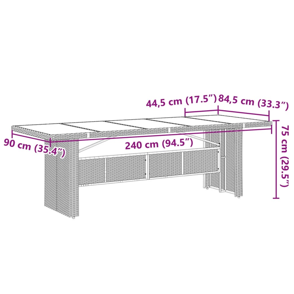 Garden Table Black Glass Top 240x90x75 cm Polyrattan