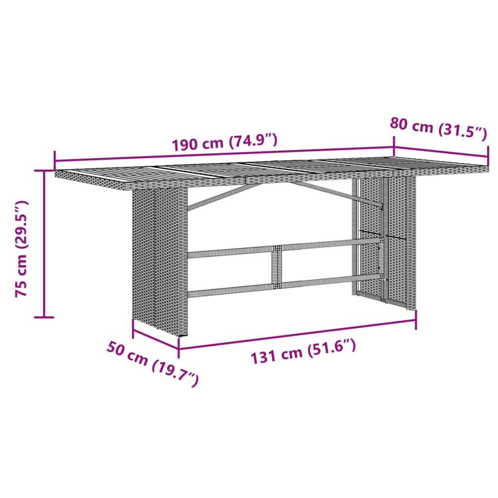 Garden Table Gray Acacia Wood Top 190x80x75 Polyrattan