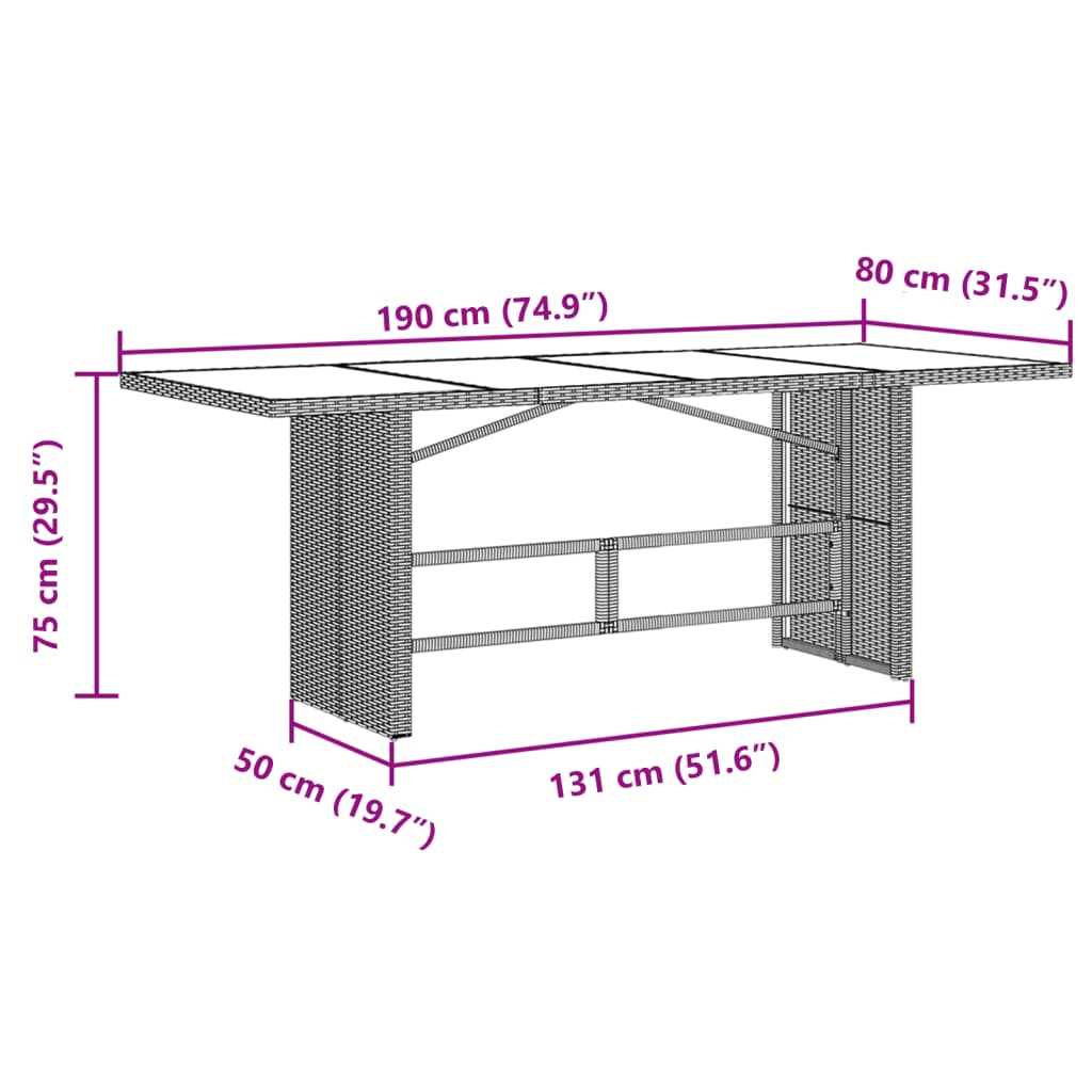 Tavolo Giardino Piano in Vetro Marrone 190x80x75cm Polyrattan | homemem39