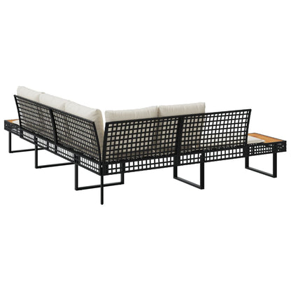 Divano da Giardino con Cuscini a L Nero in Polyrattan e Acacia
