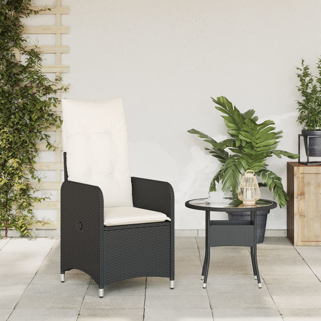 Reclining Garden Chair with Cushions Black in Polyrattan