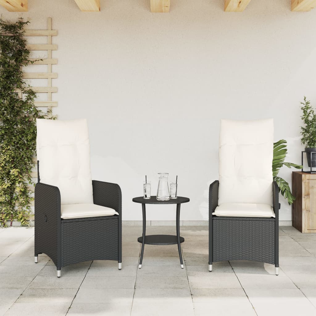 Reclining Garden Chairs 2 pcs with Black Polyrattan Cushions