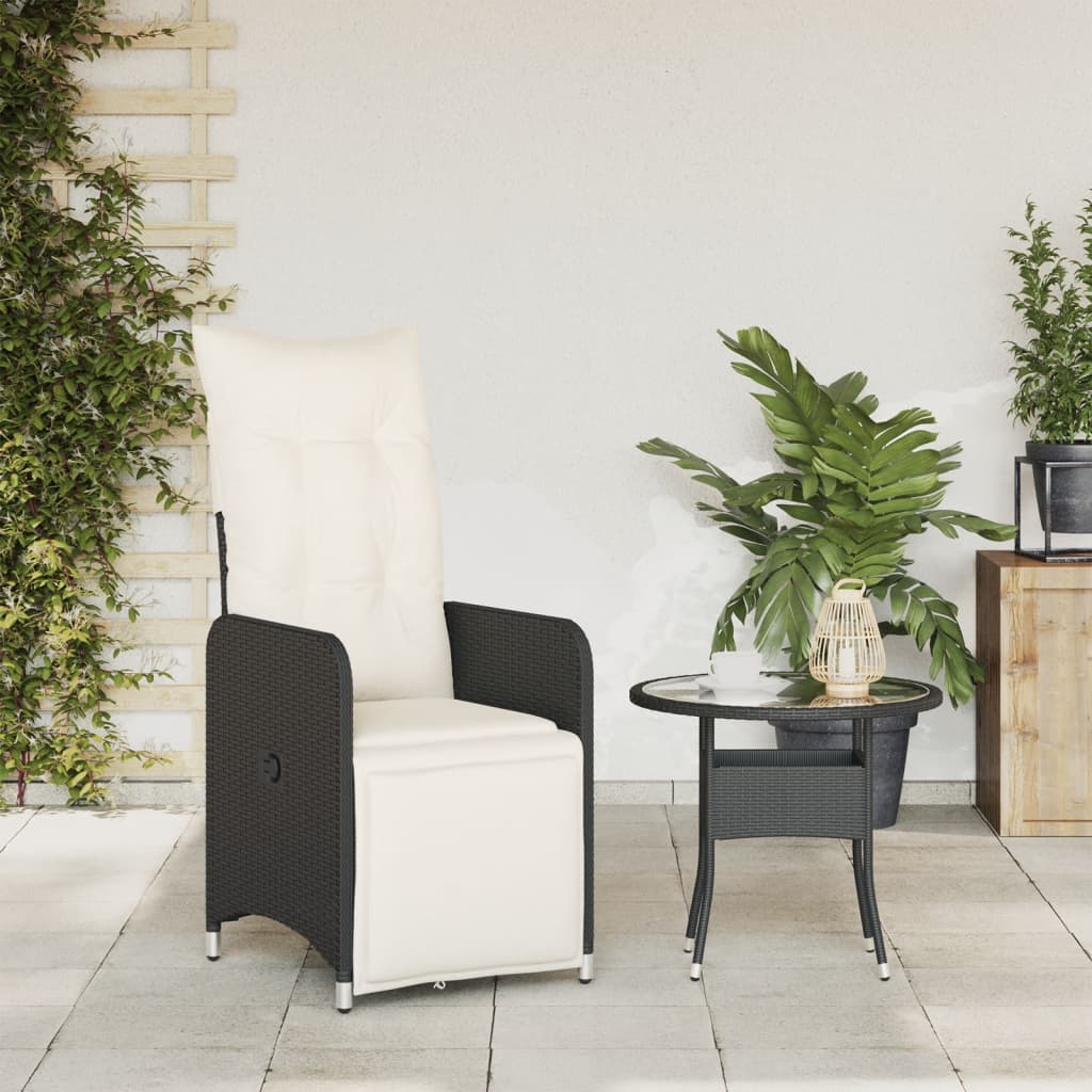 Reclining Garden Chair with Cushions Black in Polyrattan