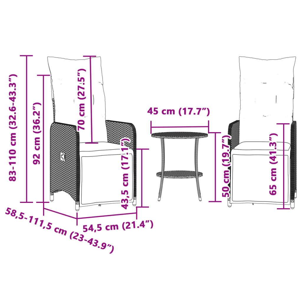 Reclining Garden Chairs 2 pcs with Polyrattan Table