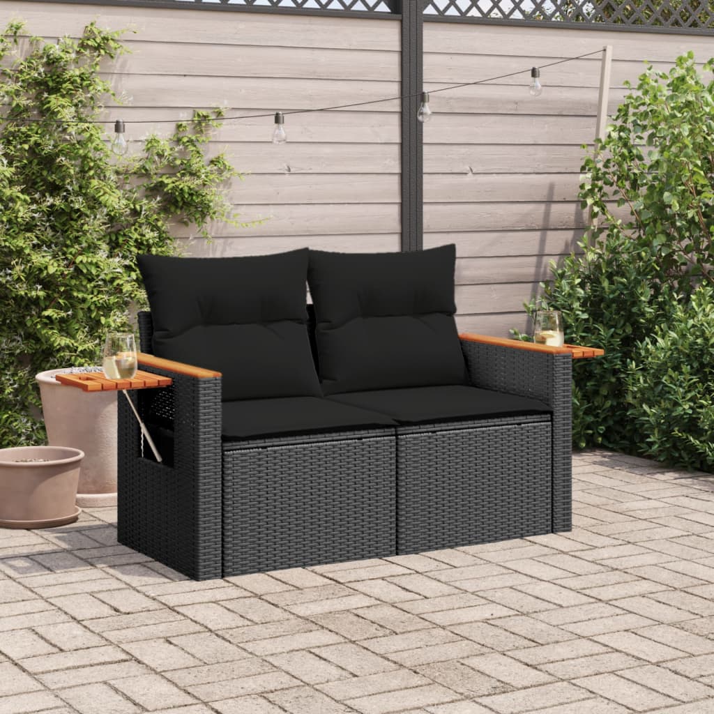 Divano da Giardino con Cuscini a 2 Posti Nero in Polyrattan | homemem39