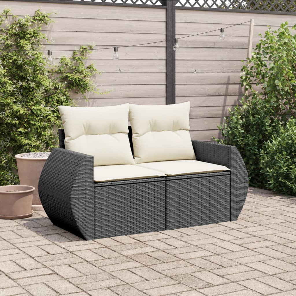 Divano da Giardino con Cuscini a 2 Posti Nero in Polyrattan | homemem39