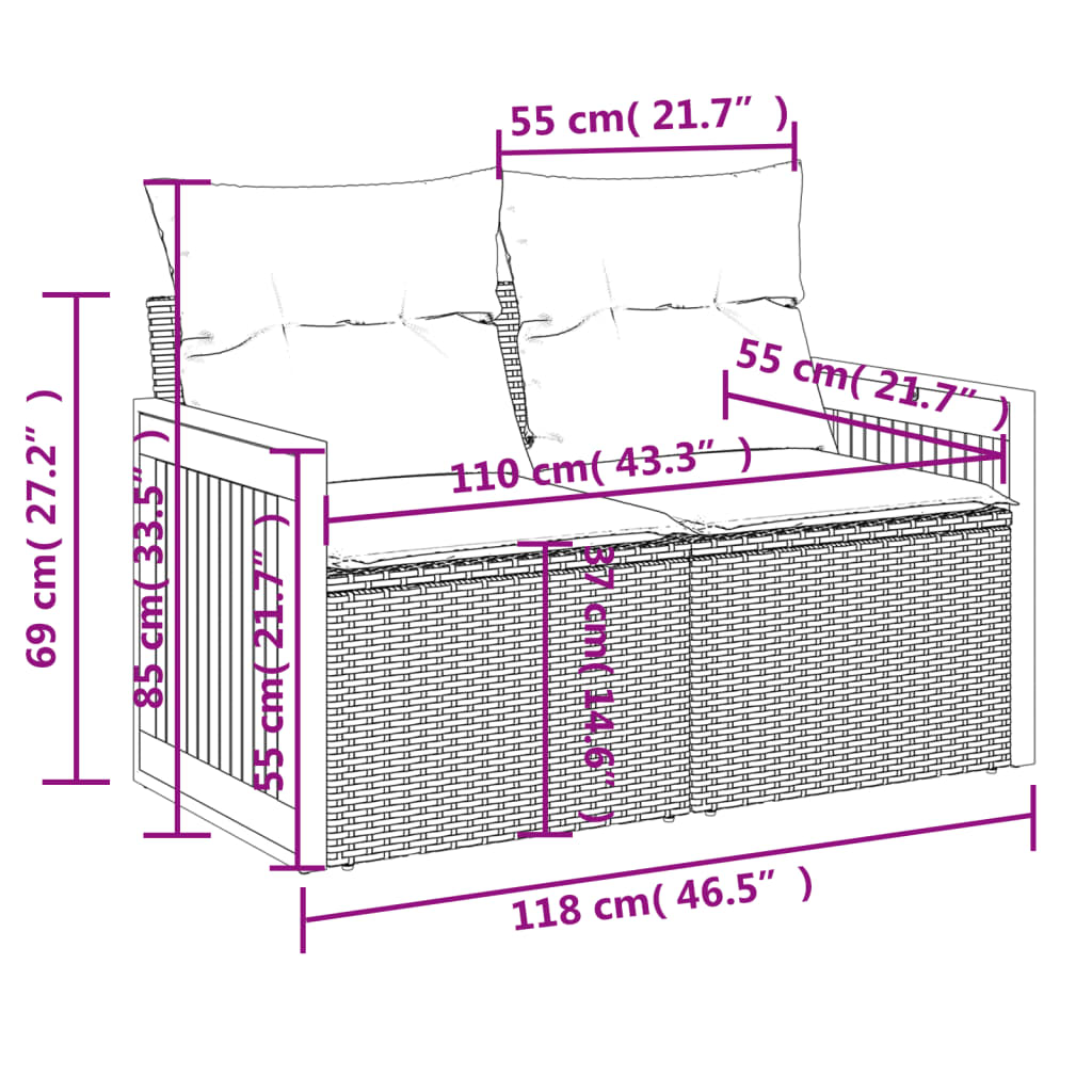 Divano da giardino con cuscini 2 posti nero in polyrattan | homemem39