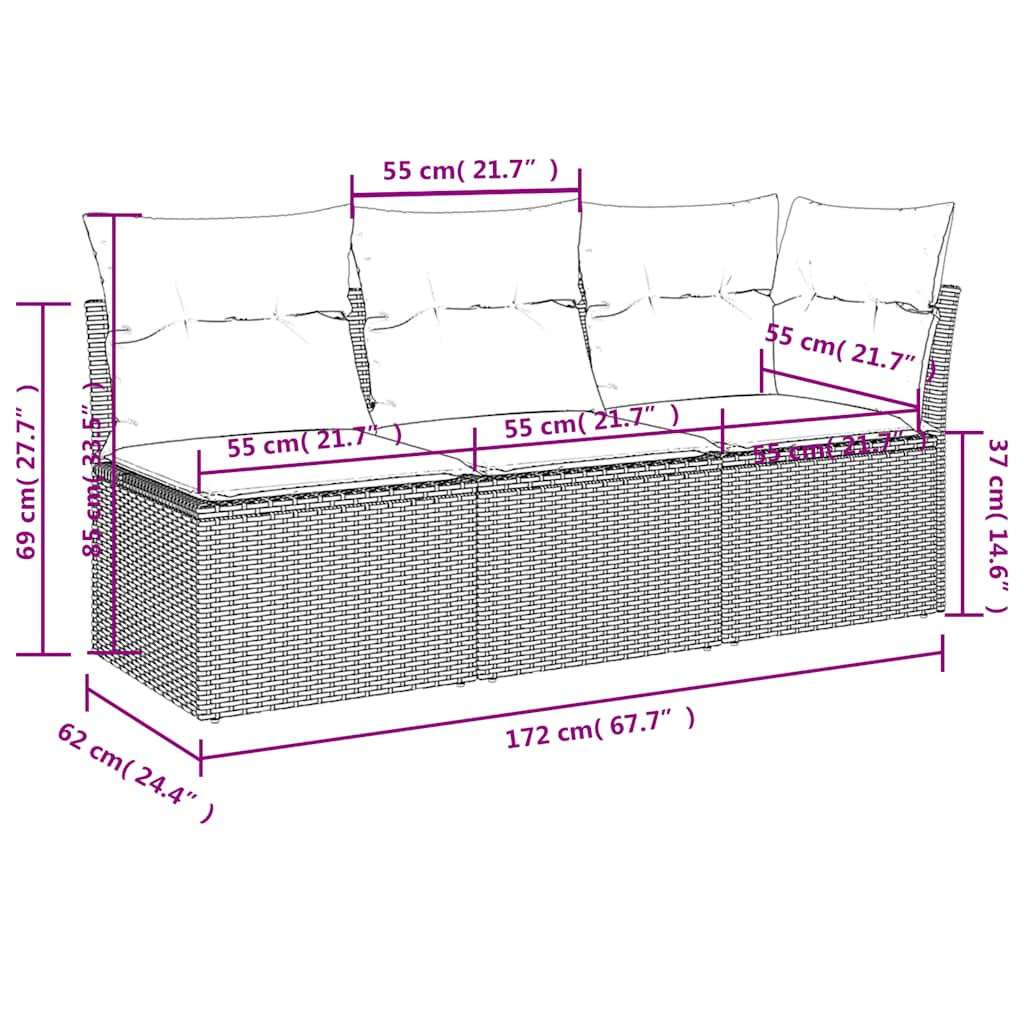 Divano da Giardino con Cuscini 3 Posti Grigio in Polyrattan | homemem39