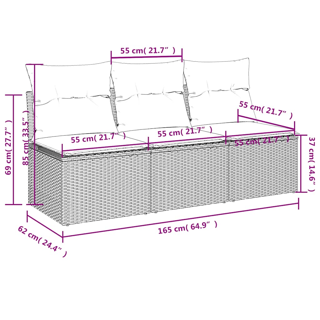 Divano da Giardino con Cuscini 3 Posti Grigio in Polyrattan | homemem39
