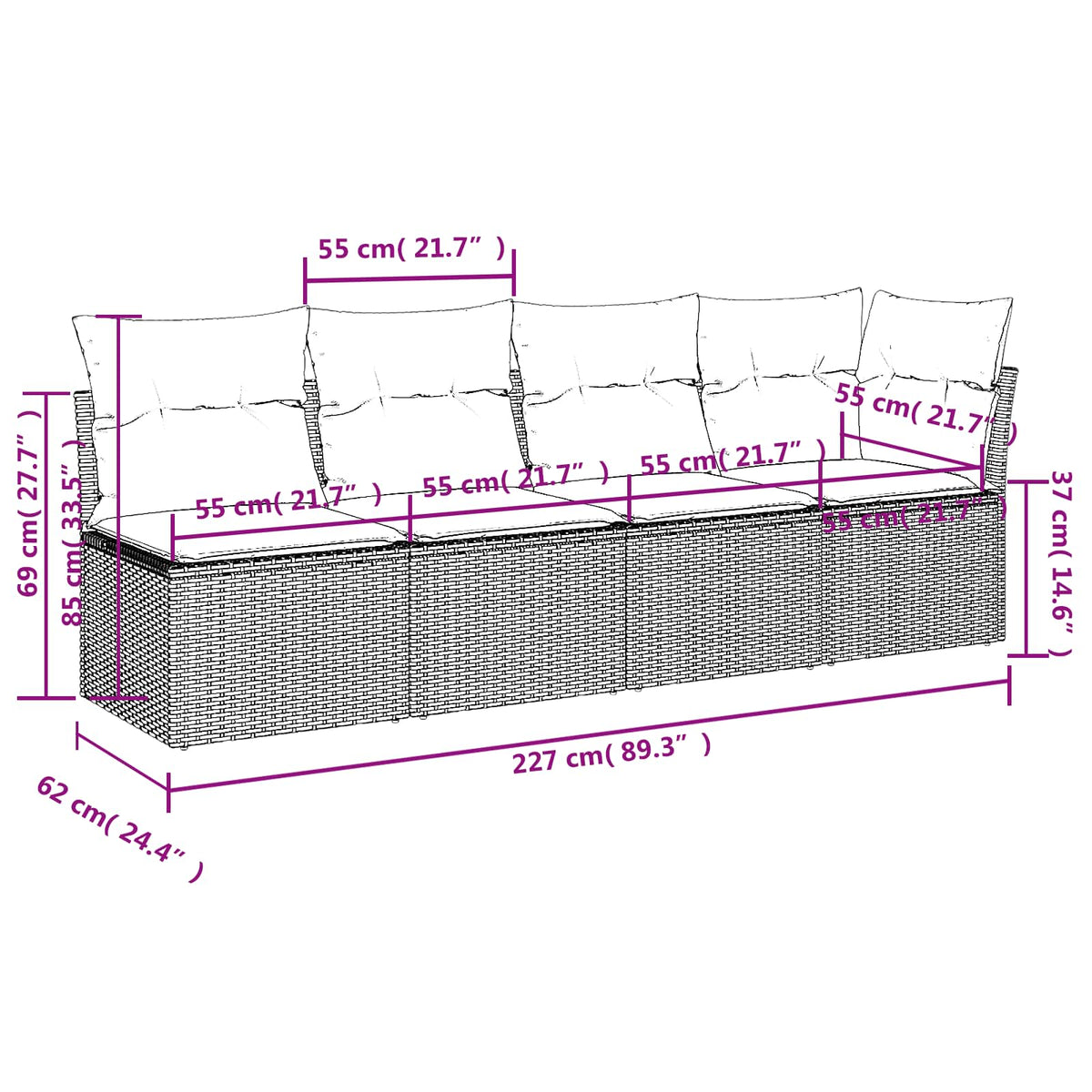 Divano da giardino Grigio 227 x 62 x 69 cm polyrattan | homemem39