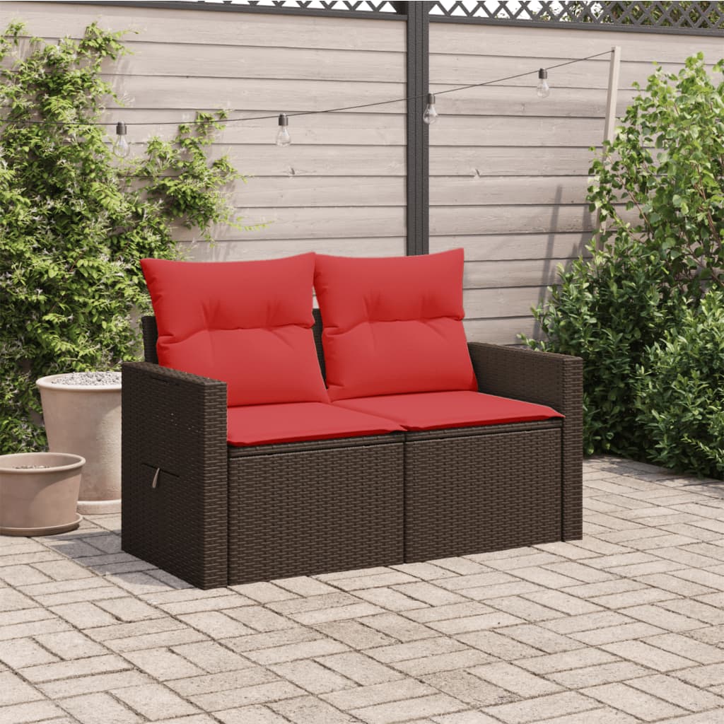 Divano da giardino con cuscini a 2 posti marrone in polyrattan | homemem39