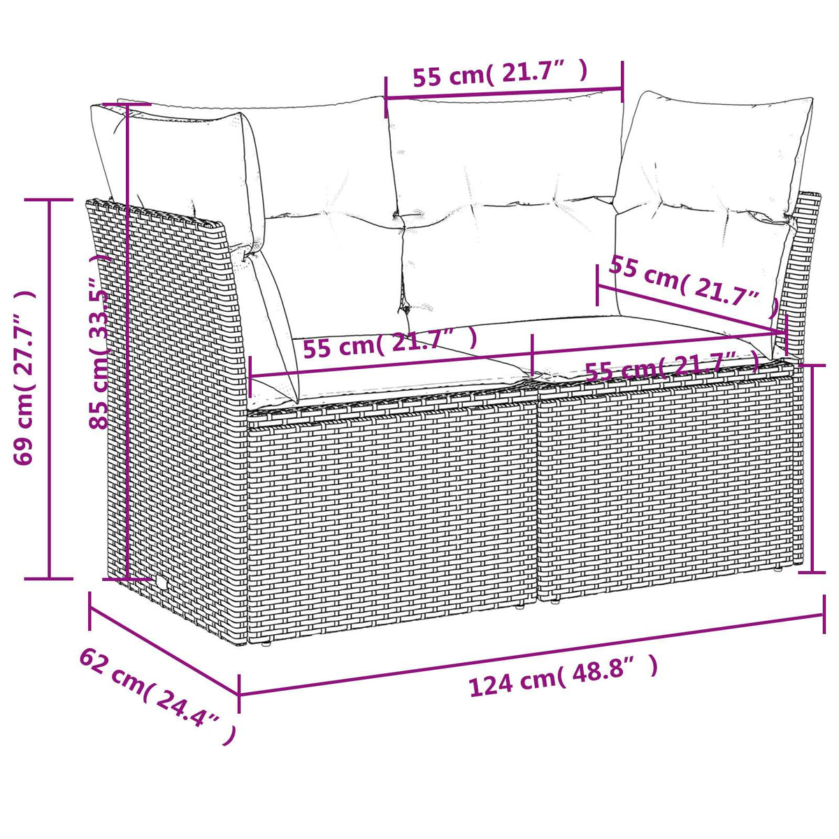 Divano da giardino con cuscini a 2 posti marrone in polyrattan