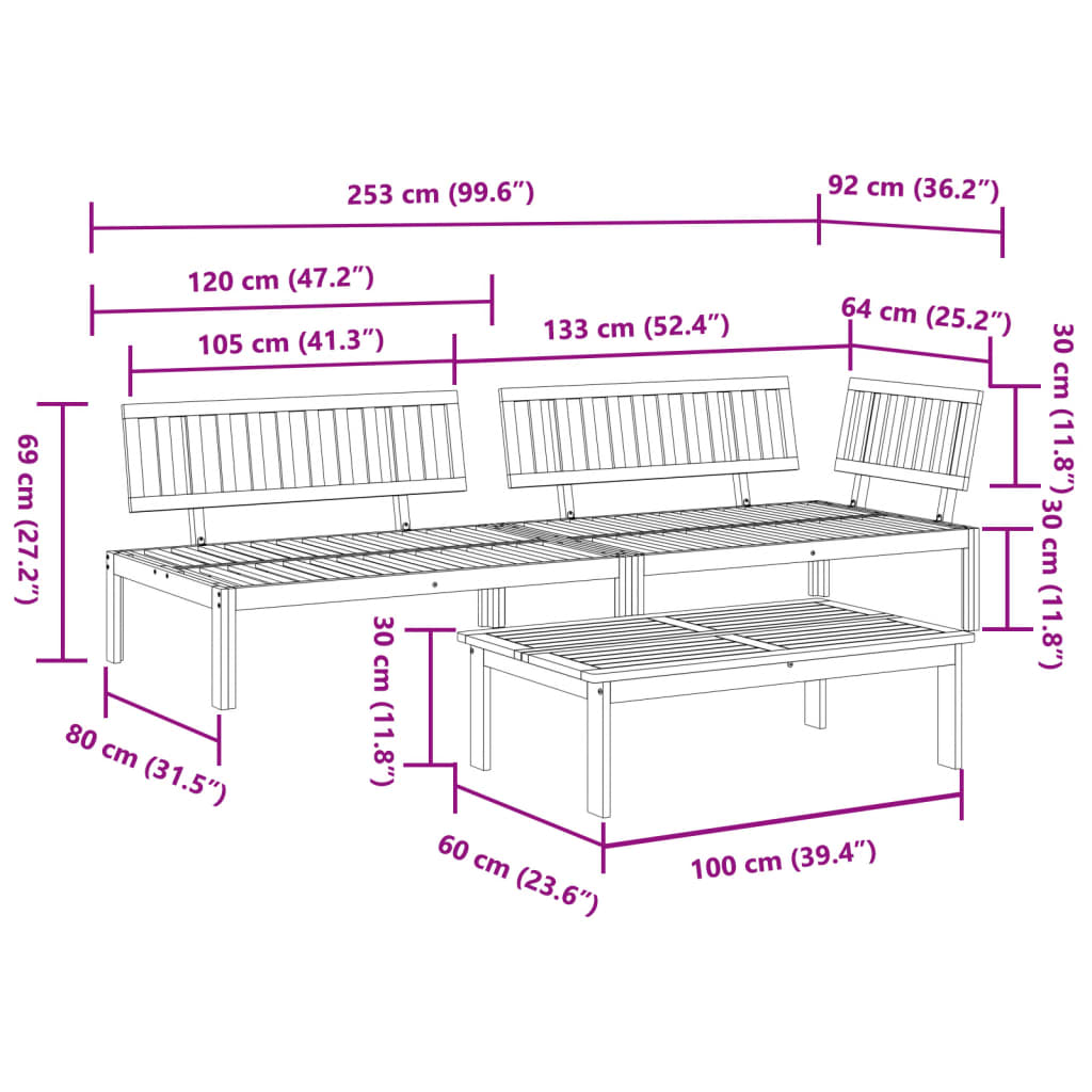 Set Divano Pallet da Giardino 3 pz in Legno Massello di Acacia | homemem39