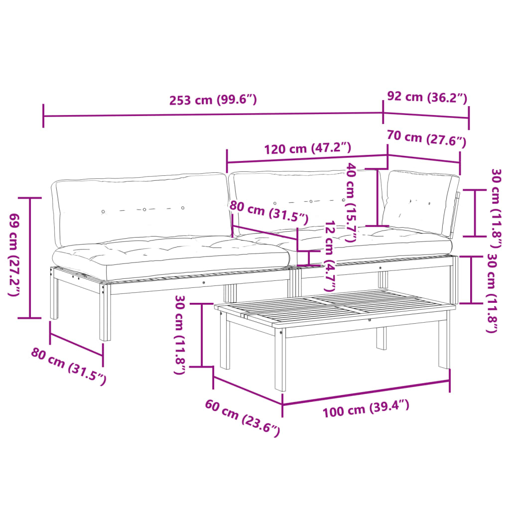 Set Divano Pallet Giardino 3pz con Cuscini Massello Acacia | homemem39