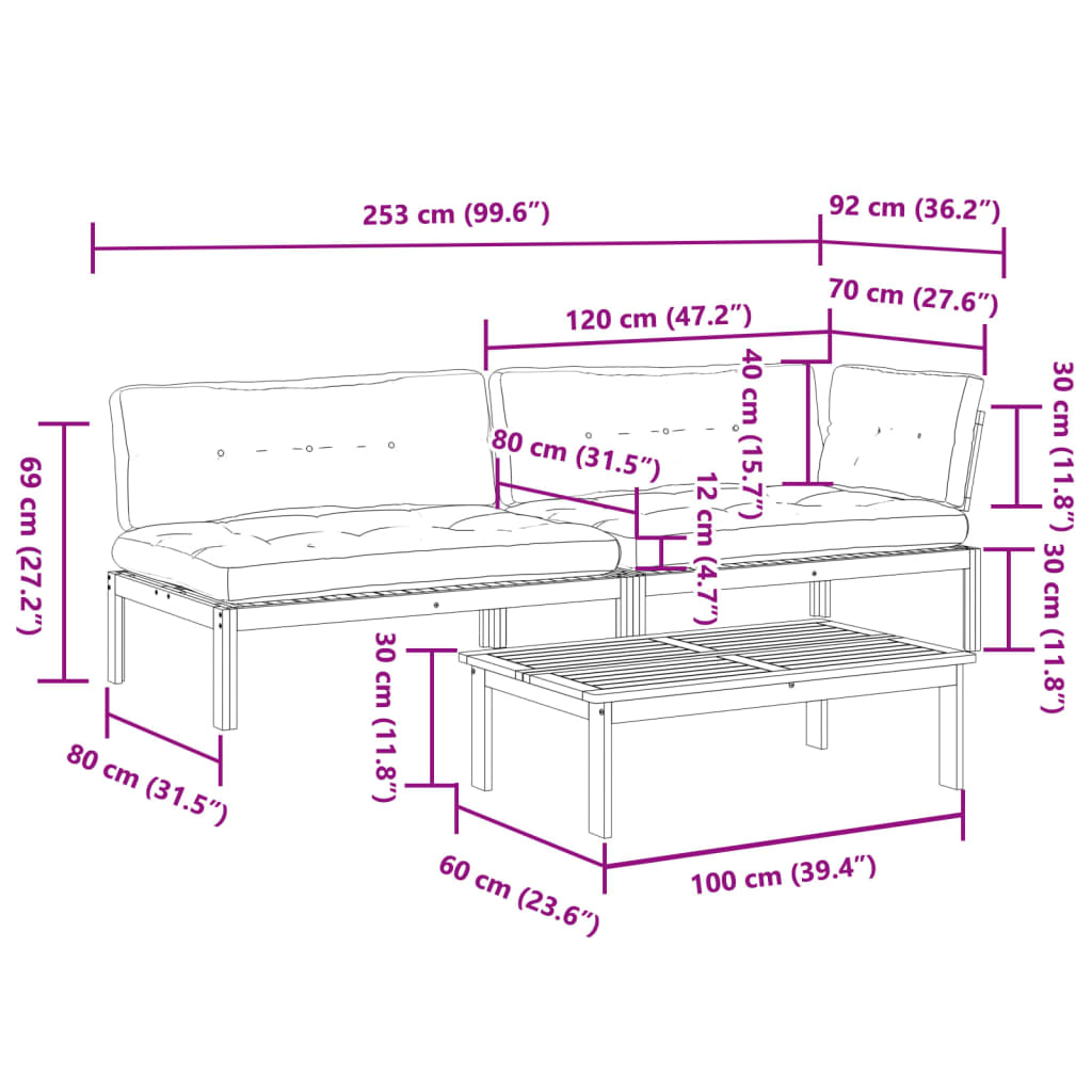 Set Divano Pallet Giardino 3pz con Cuscini Massello Acacia | homemem39