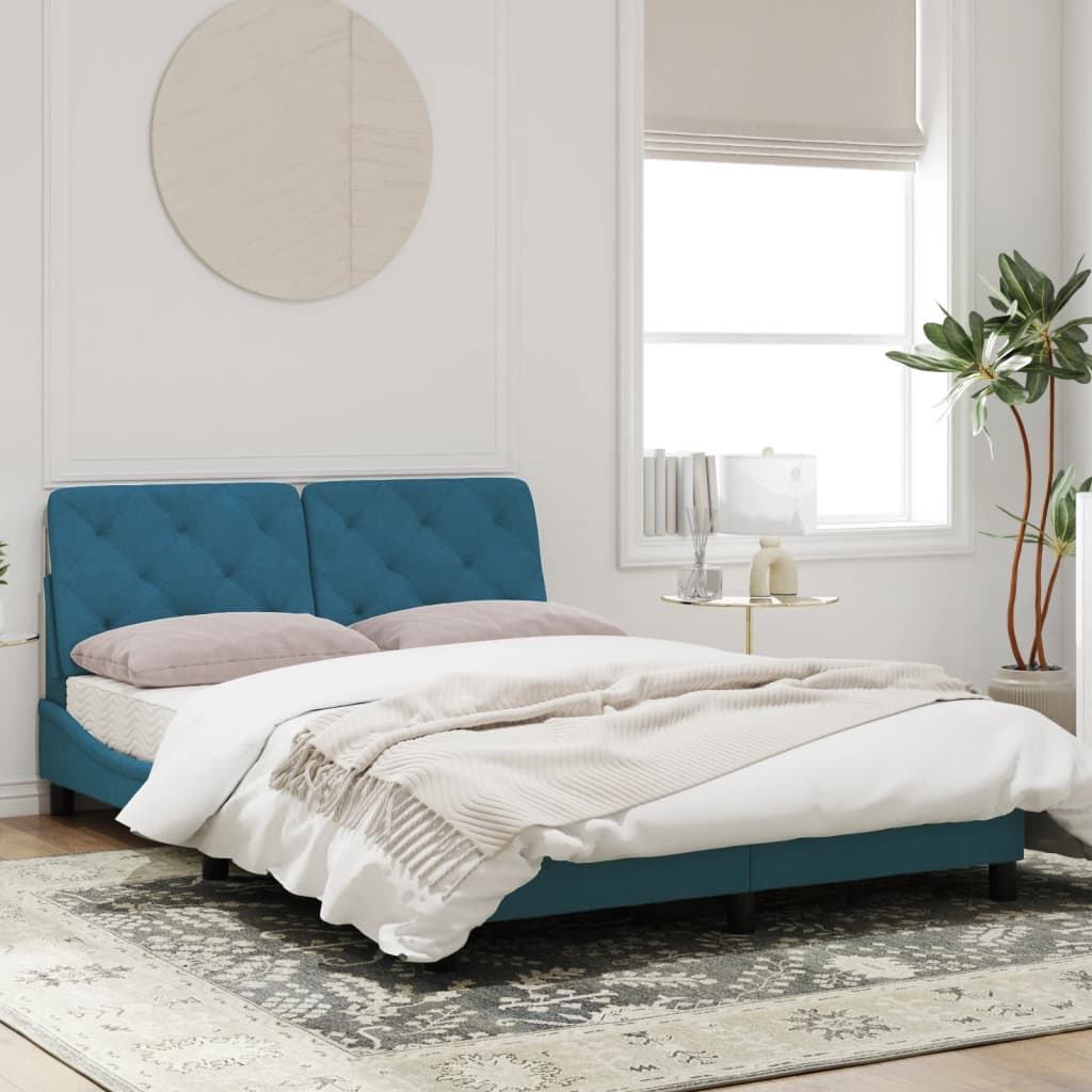 Bed frame with blue headboard 140x190 cm in velvet