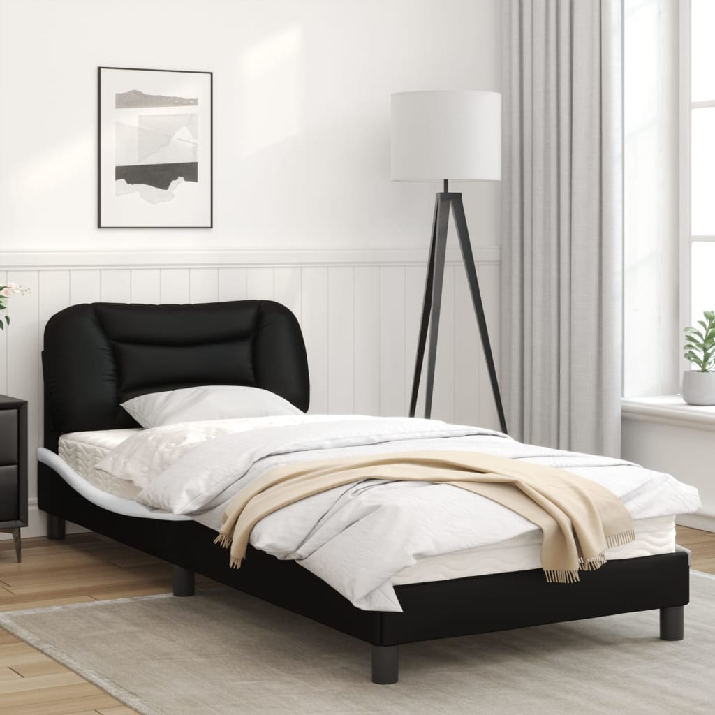 Bed frame with black and white headboard 90x200 cm in imitation leather