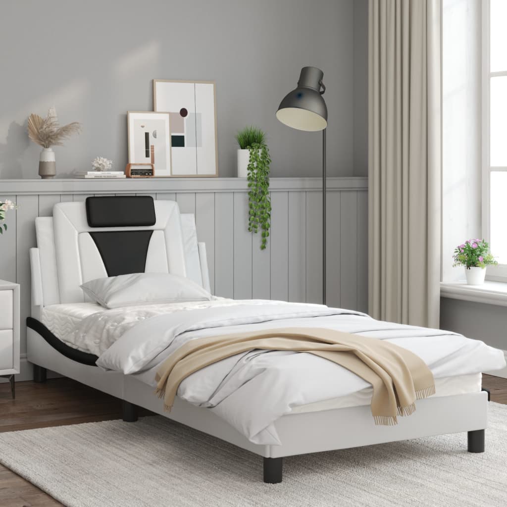 Bed frame with black and white headboard 90x190 cm in imitation leather