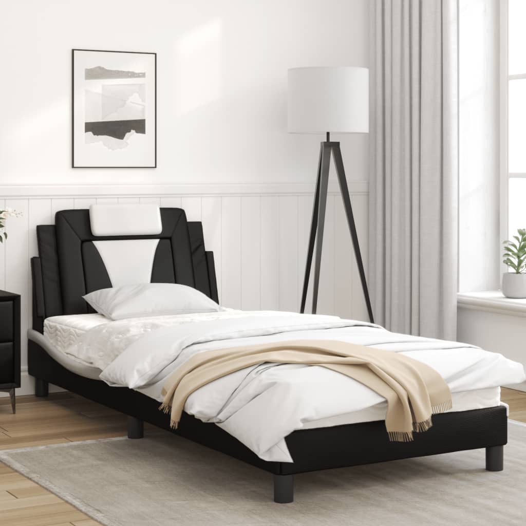 Bed frame with black and white headboard 90x200 cm in imitation leather