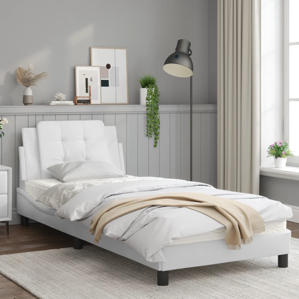 White bed frame with headboard 90x190 cm in imitation leather