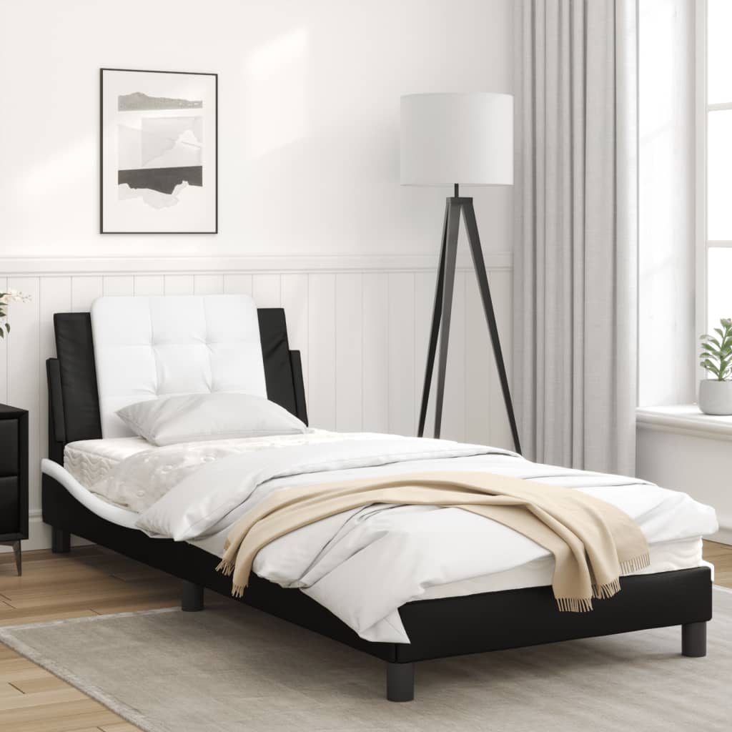 Bed frame with black and white headboard 90x190 cm in imitation leather