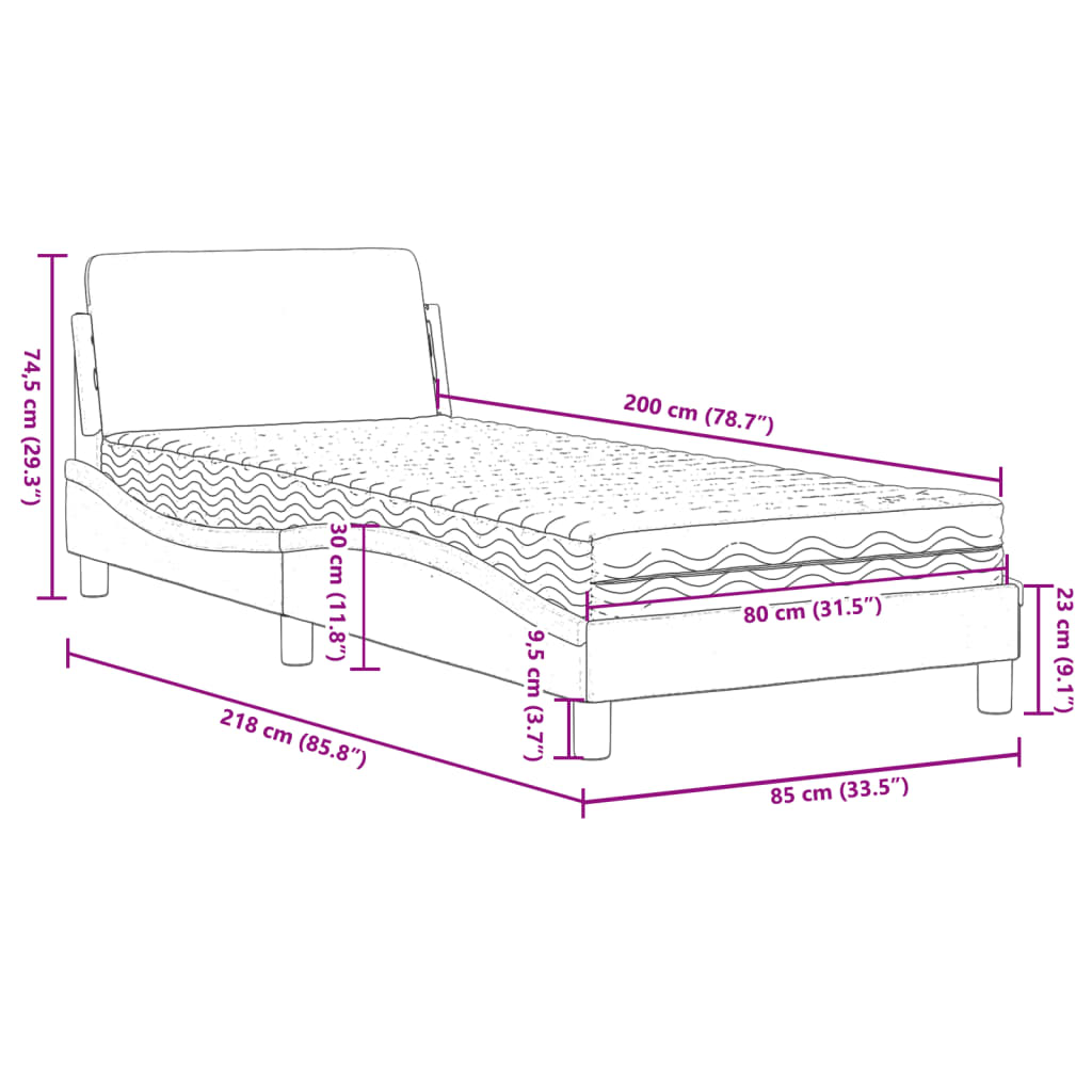 Bed with Light Gray Mattress 80x200 cm in Fabric