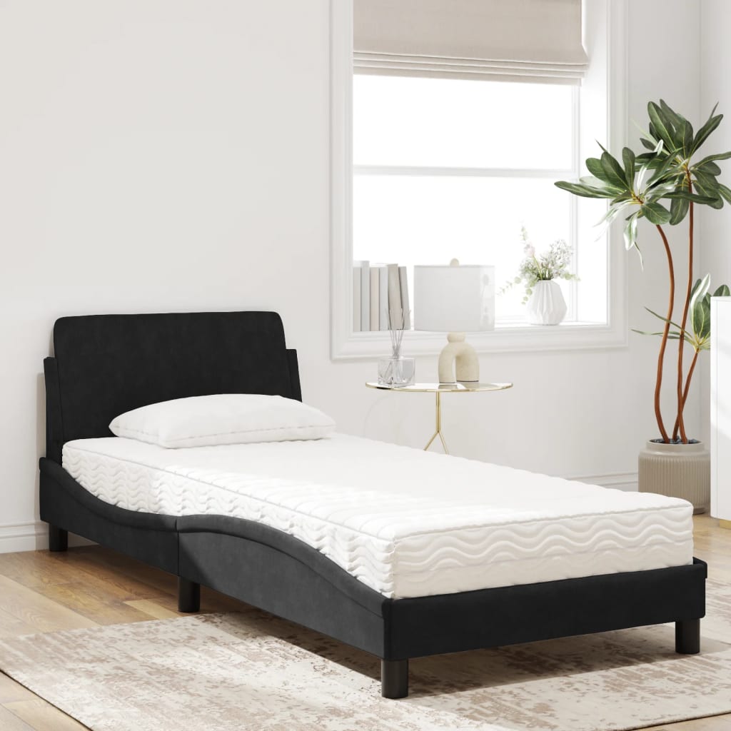 Bed with Black Mattress 90x190 cm in Velvet