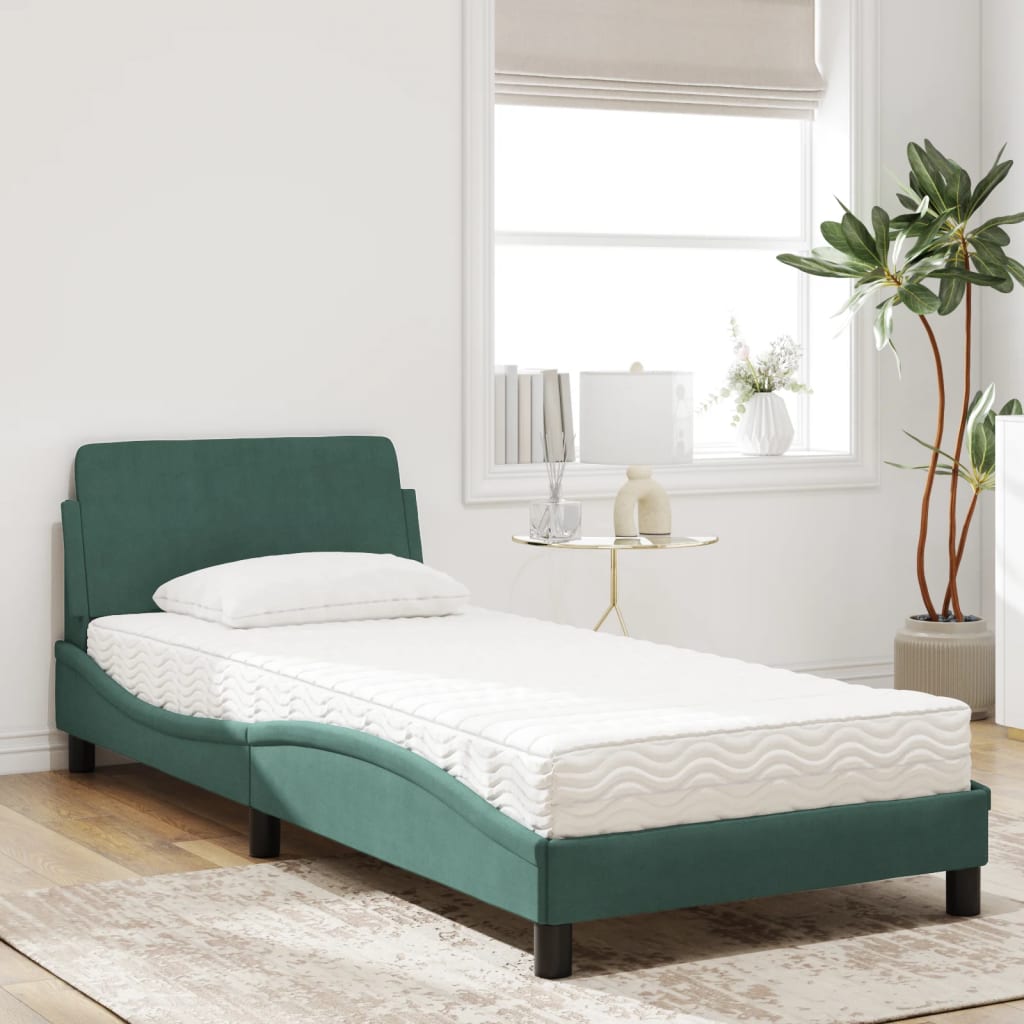 Bed with Dark Green Mattress 90x190 cm in Velvet