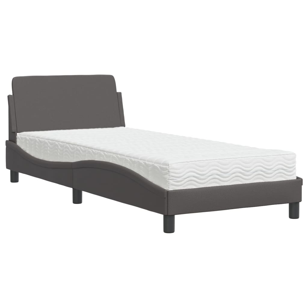 Bed with Gray Mattress 90x190 cm in Faux Leather