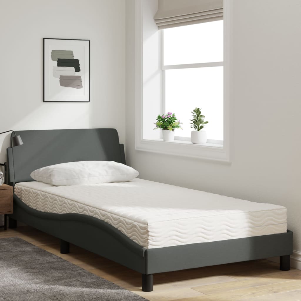 Bed with Dark Gray Mattress 100x200 cm in Fabric