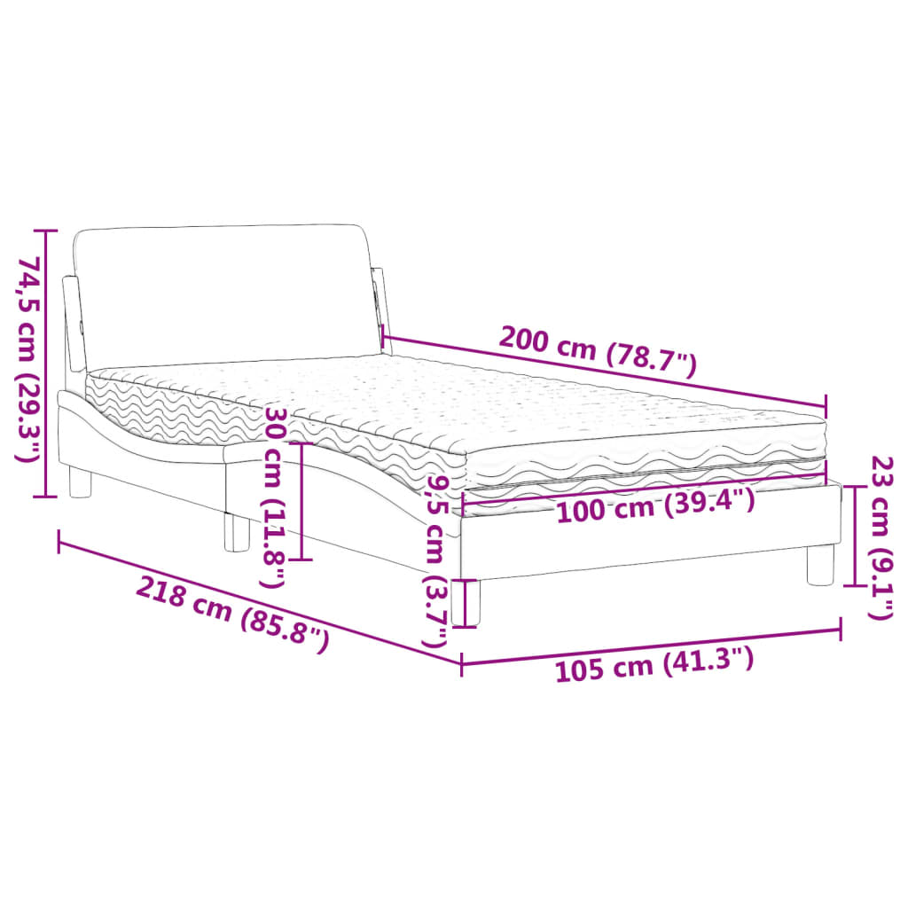 Bed with Dark Gray Mattress 100x200 cm in Fabric