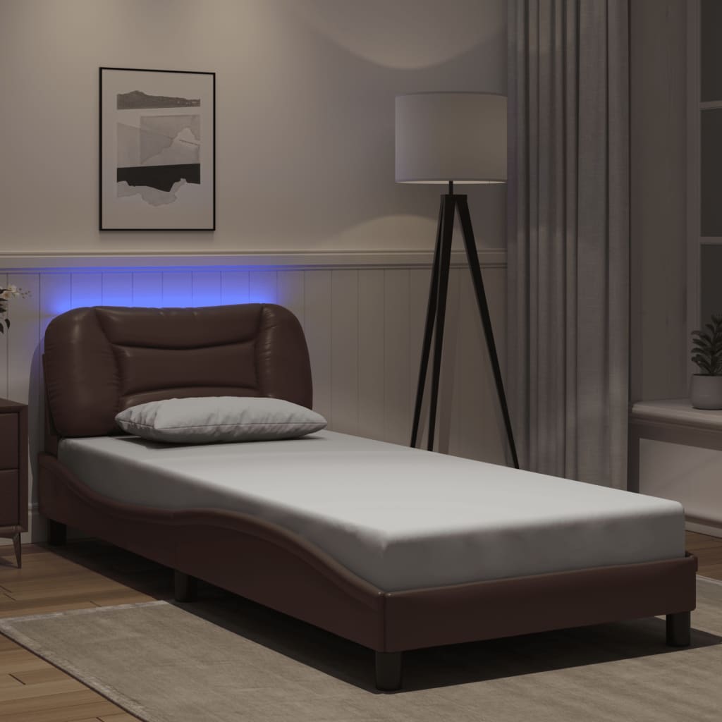 Bed frame with Brown LED lights 80x200 cm in imitation leather