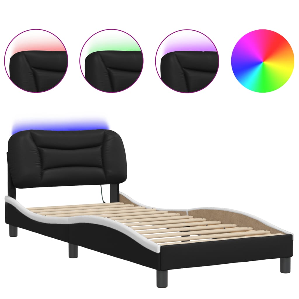 Bed frame with Black and White LED lights 80x200 cm in imitation leather