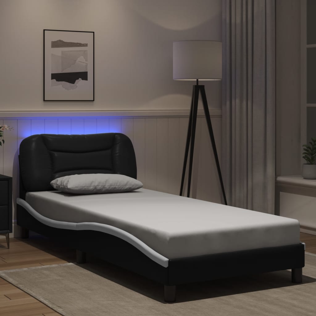 Bed frame with Black and White LED lights 80x200 cm in imitation leather