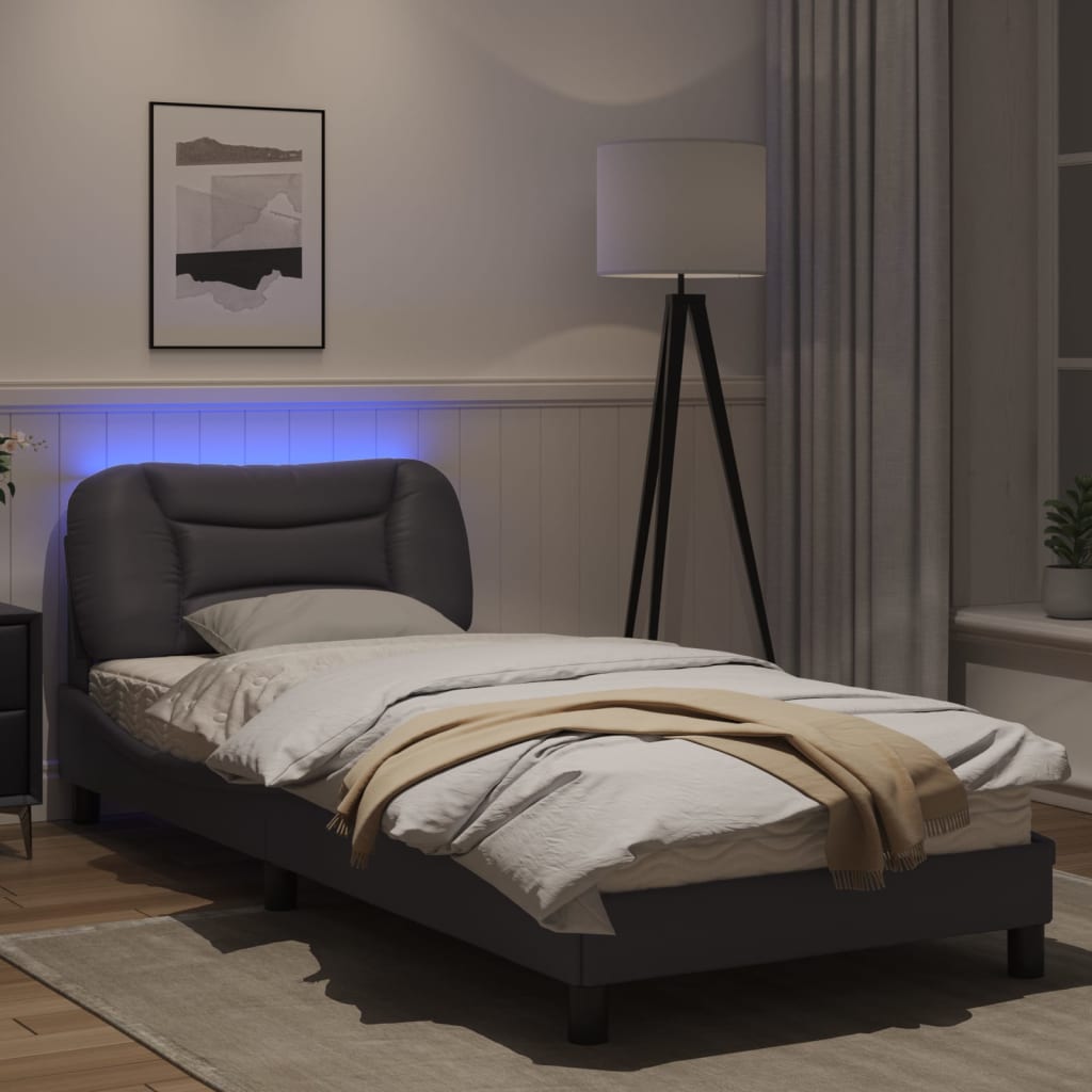 Bed frame with Gray LED lights 90x190 cm in imitation leather