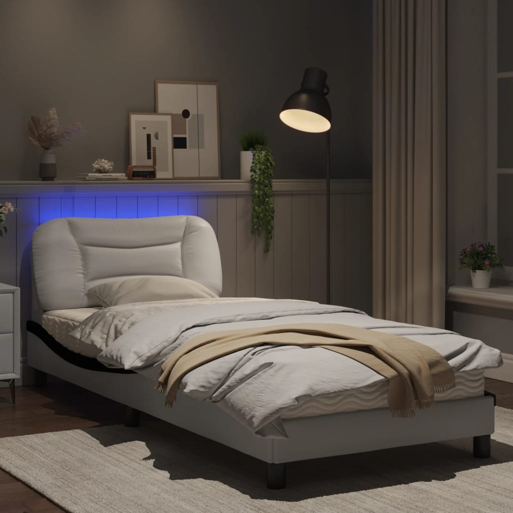 Bed frame with Black and White LED lights 90x190 cm in imitation leather