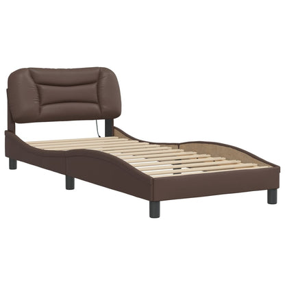 Bed frame with Brown LED lights 90x200 cm in imitation leather