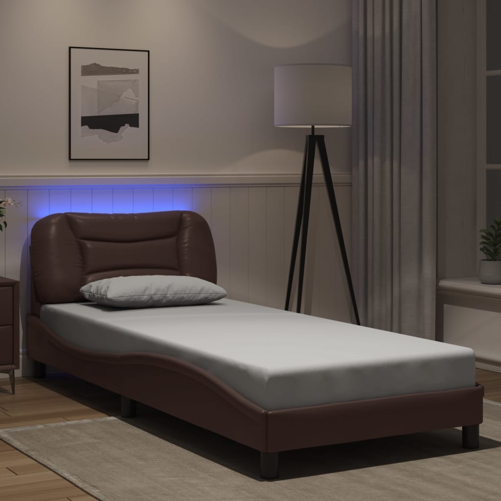 Bed frame with Brown LED lights 90x200 cm in imitation leather