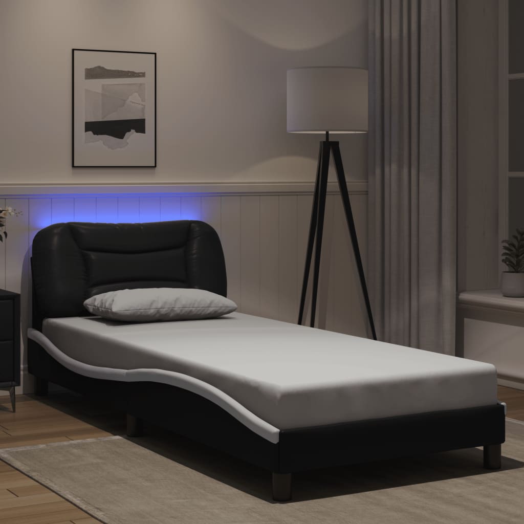 Bed frame with Black and White LED lights 90x200 cm in imitation leather