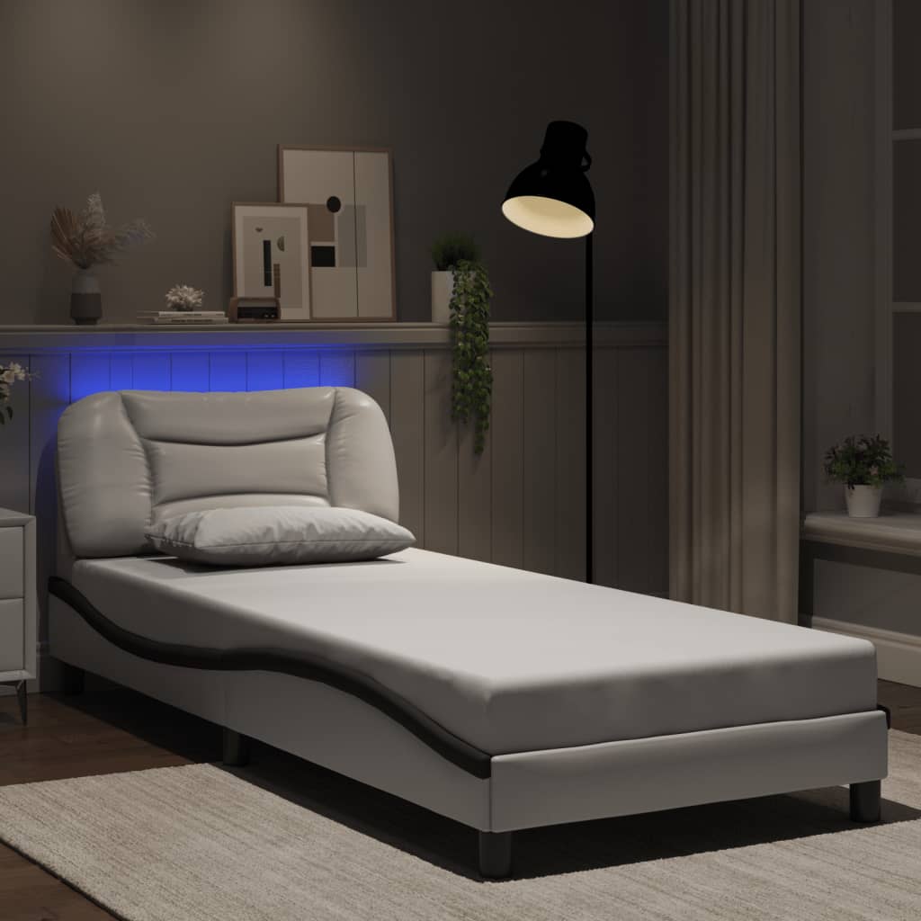 Bed frame with Black and White LED lights 90x200 cm in imitation leather