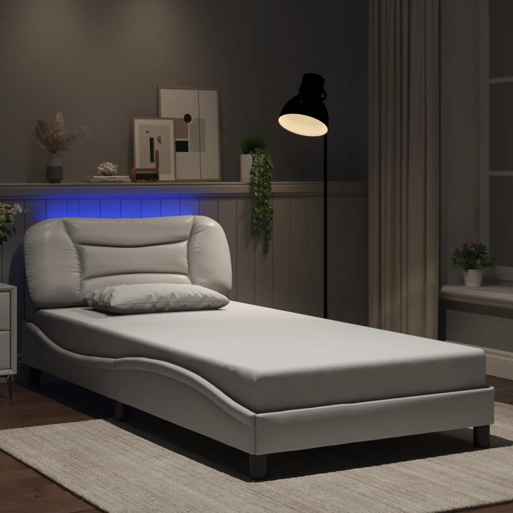 Bed frame with white LED lights 100x200 cm in imitation leather