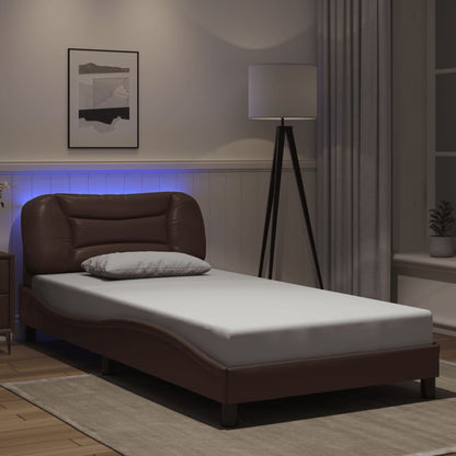 Bed frame with Brown LED lights 100x200 cm in imitation leather