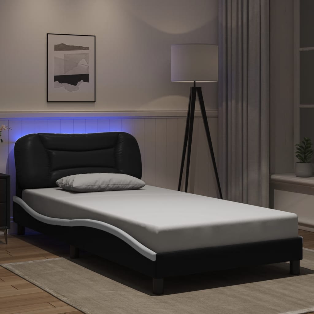 Bed frame with Black and White LED lights 100x200 cm in imitation leather