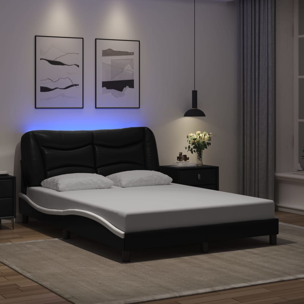 Bed frame with Black and White LED light 140x190 cm in imitation leather