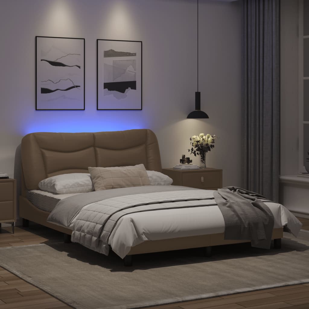 Cappuccino bed frame with LED lights 140x200 cm in imitation leather