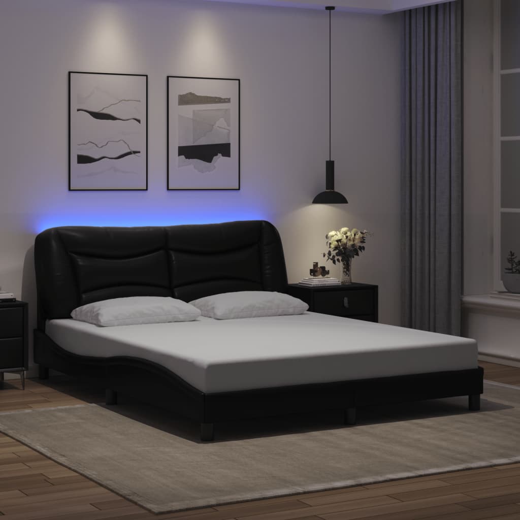 Bed frame with LED lights Black 160x200 cm in imitation leather