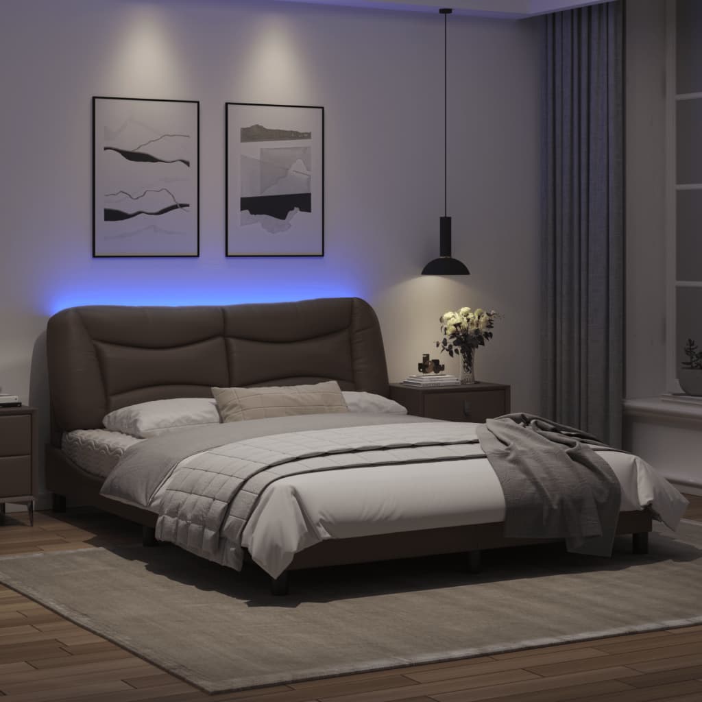 Bed frame with Brown LED lights 160x200 cm in imitation leather